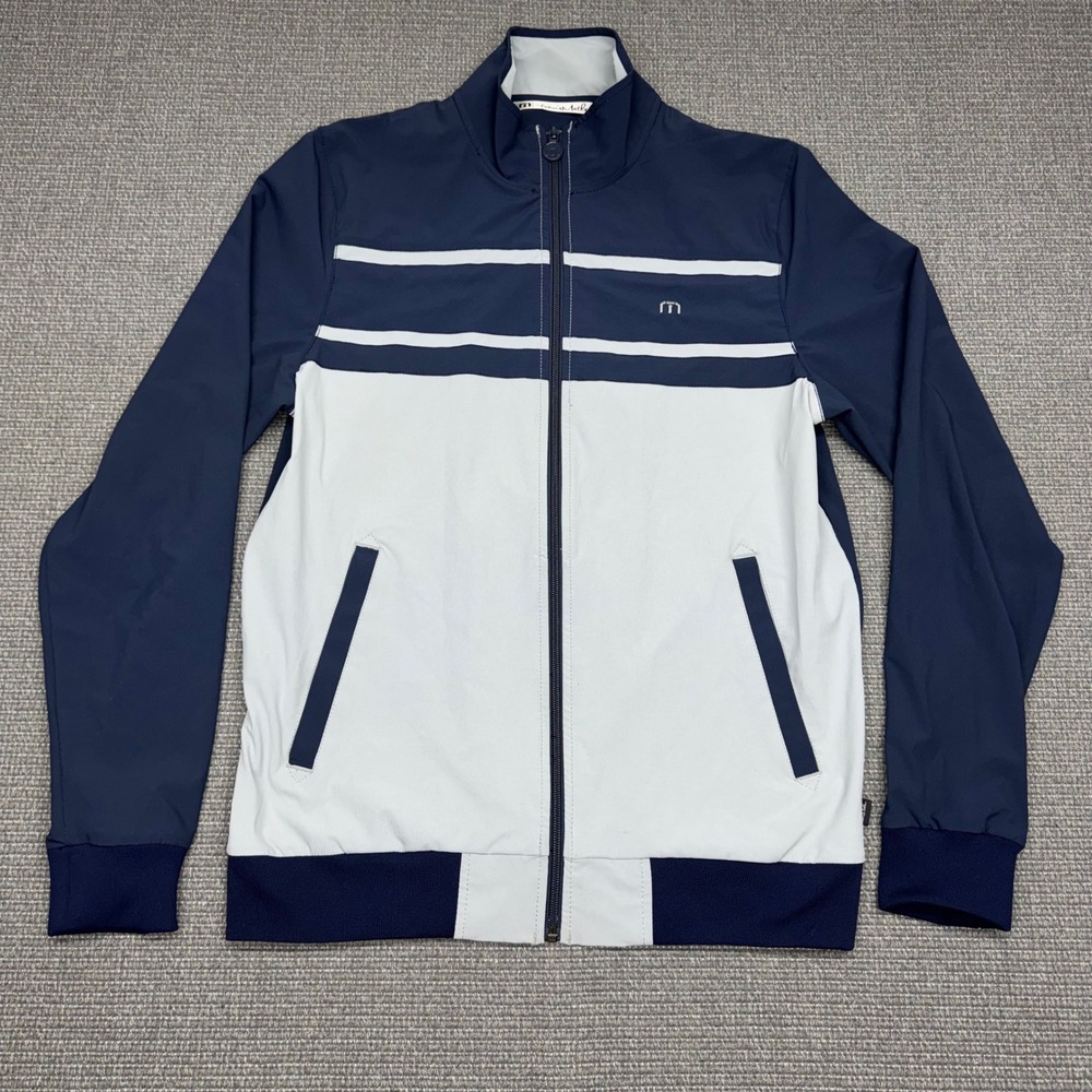 TravisMathew Mens Full Zip Track Jacket Navy Grey Striped Performance Size M